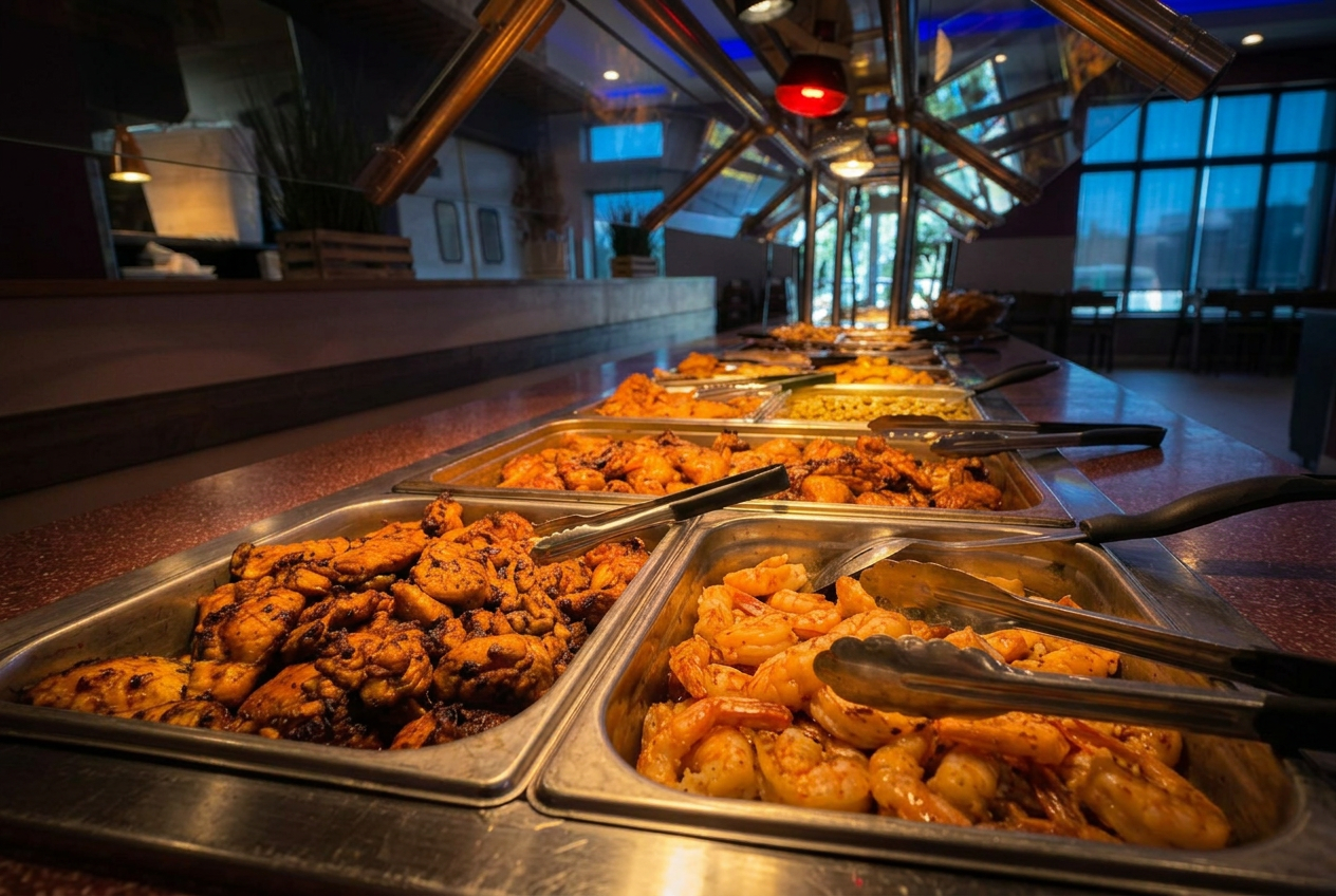 The full Jasmine buffet line beneath warm serving lights