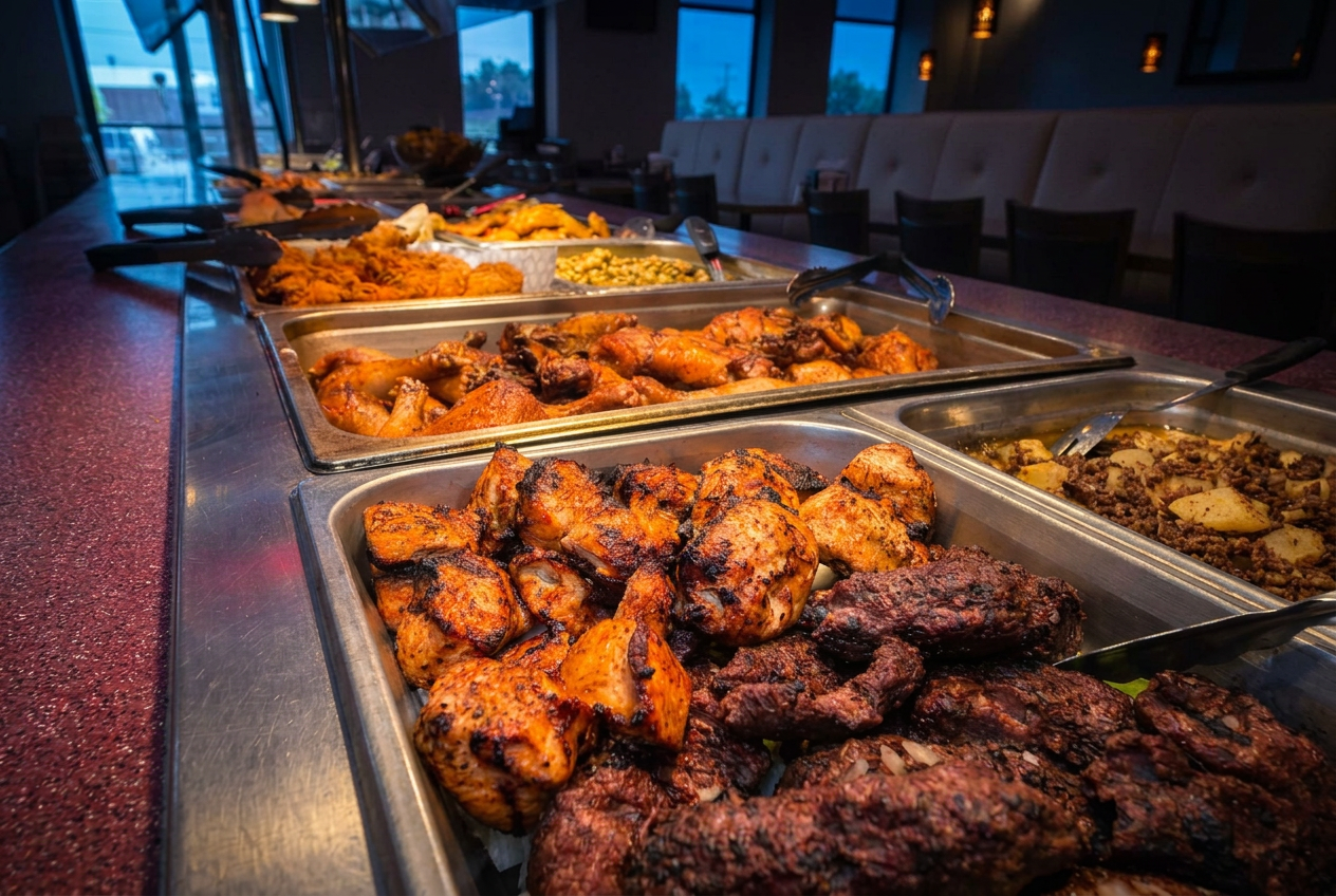 Jasmine buffet trays filled with grilled chicken and kebabs