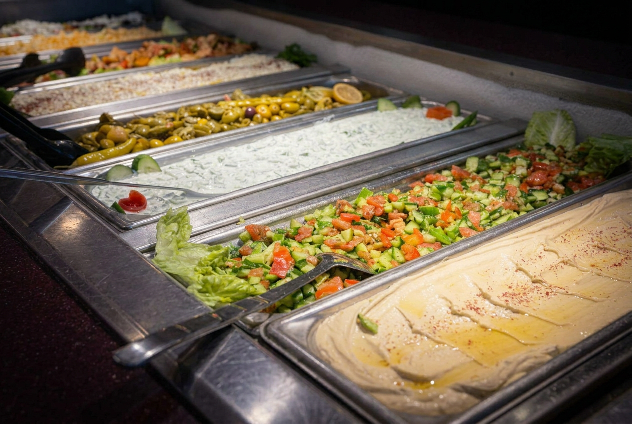 Jasmine cold buffet with hummus, chopped salad, yogurt and olives