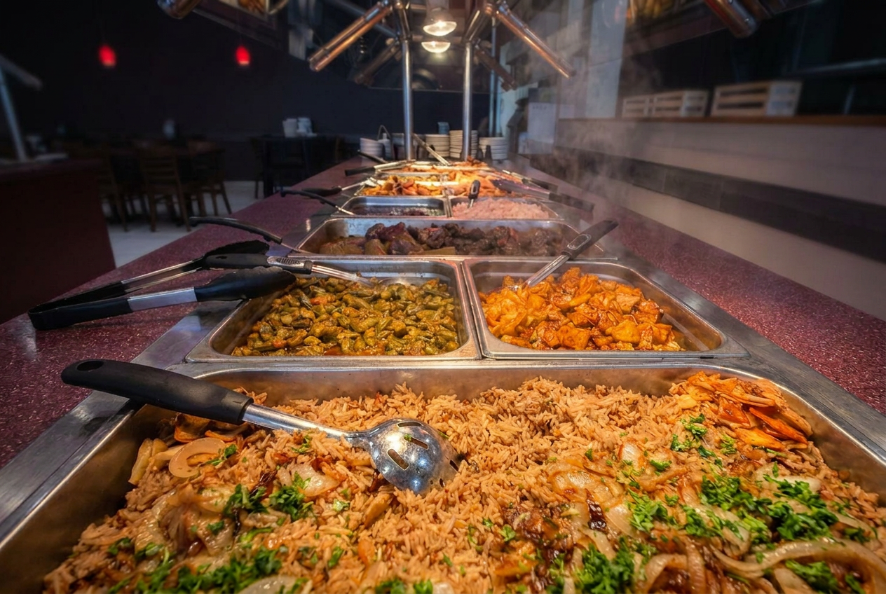 Seasoned rice and steaming hot dishes on the Jasmine buffet line