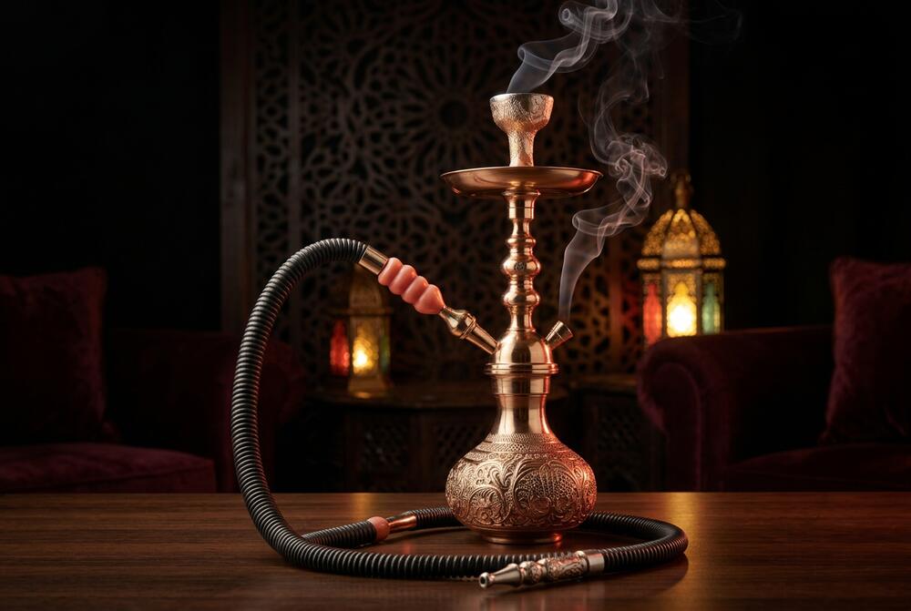 Ornate brass hookah in Jasmine's warmly lit lounge