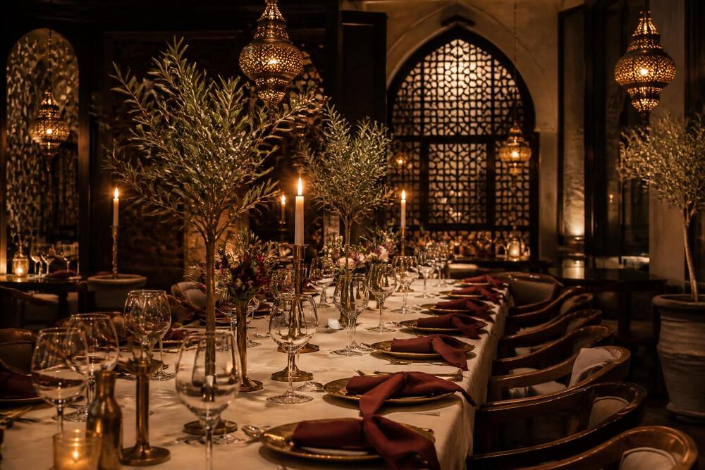 Elegant private event table set beneath Arabic lanterns