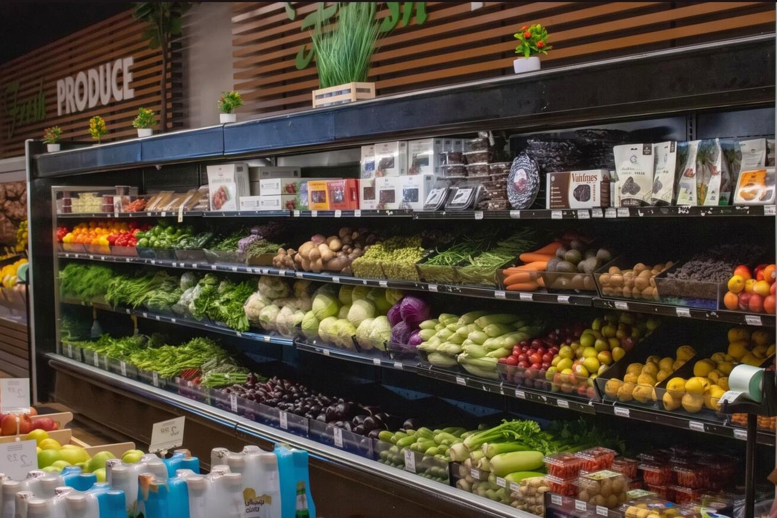 Fresh fruit and vegetables displayed inside Jasmine Market