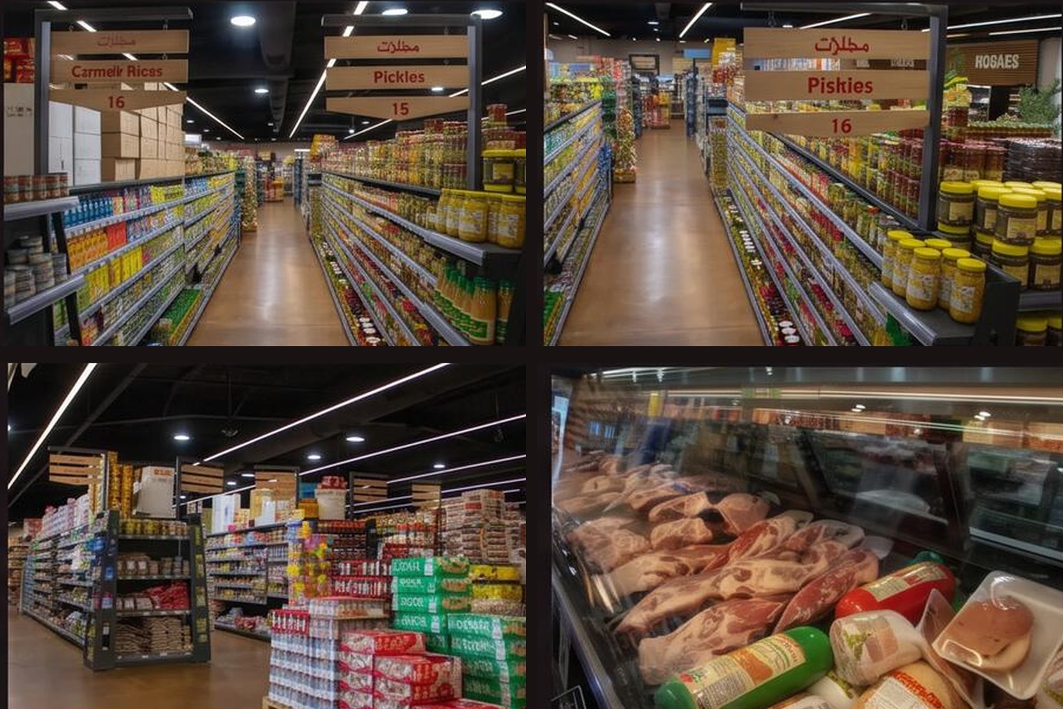 Four-view collage of Jasmine Market international grocery aisles and fresh meat counter