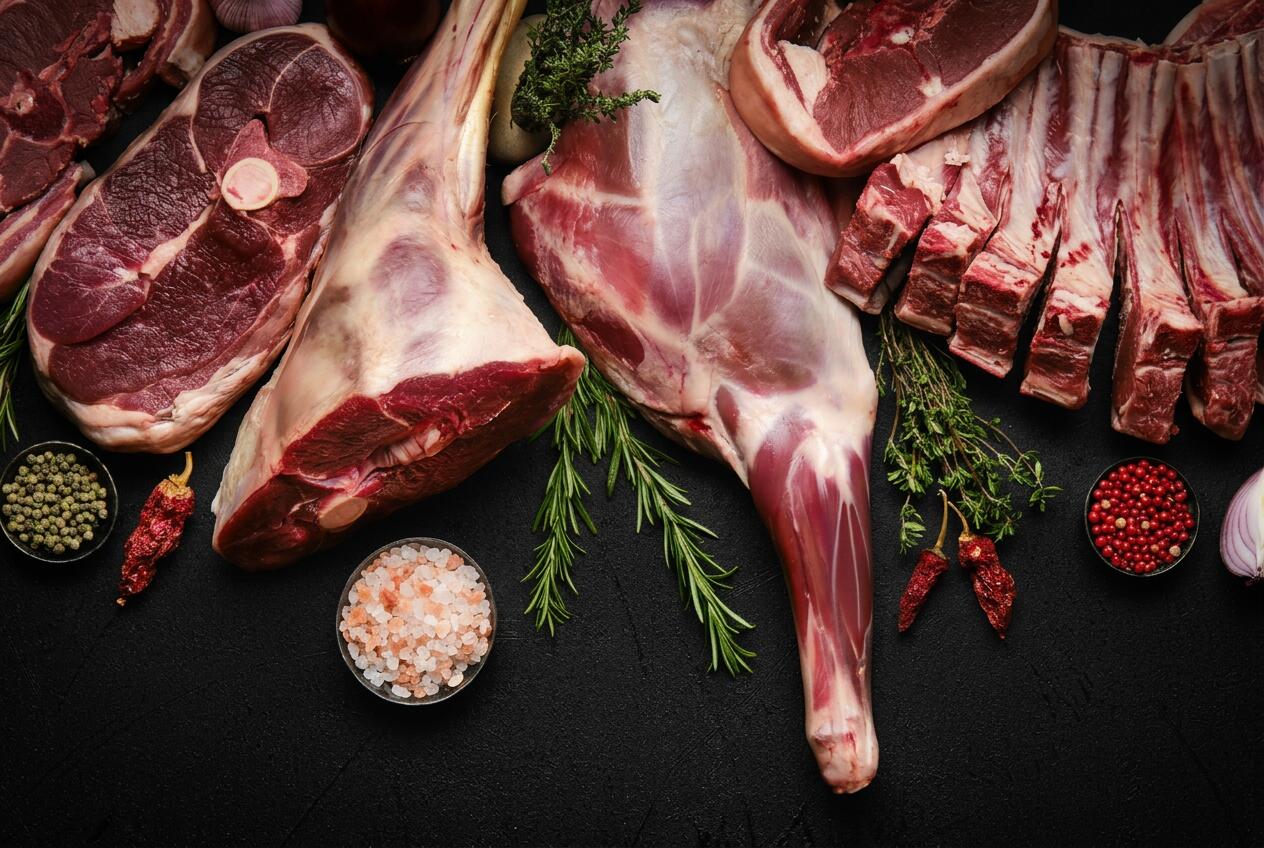 Fresh halal cuts of lamb and goat arranged with herbs and spices